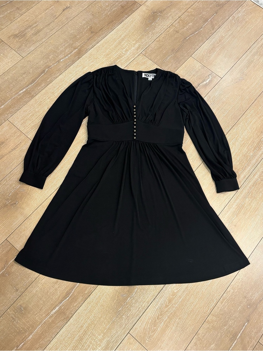 Vicky Tiel Black Gathered V-Neck Mini Dress - Bronze Button Detail - Size L